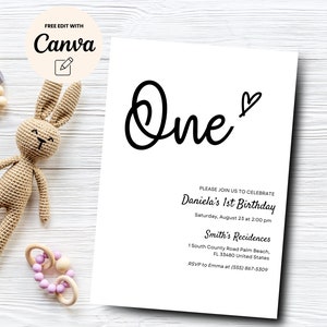 Minimalist First Birthday Invitation Template, 1st Birthday Photo Invitation, Modern First Birthday, Canva Editable, Digital Download