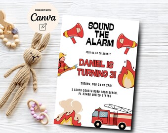 Invitación a fiesta de cumpleaños de camión de bomberos, invitación a fiesta de bomberos, invitación editable para tercer cumpleaños, plantilla Canva, descarga digital