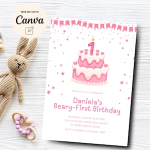 Pink 1st Birthday Invitation for Girl, Cake 1st Birthday Invite, Girl Pink 1st Birthday Invitation, Canva Editable, Digital Download