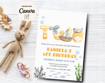 Under the Sea 2nd Birthday Invitation, Under the Sea 2nd Birthday Invite, Ocean 2nd Birthday, Canva Editable, Digital Download