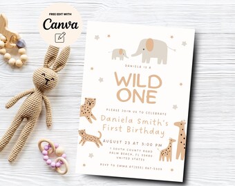 Invitación de cumpleaños de Wild One, invitación para el primer cumpleaños, fiesta de Wild One, invitación de vida salvaje para el primer cumpleaños, Canva editable, descarga digital