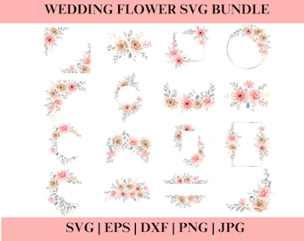 May include: A collection of watercolor floral designs in a Wedding Flower SVG Bundle. The designs include corner arrangements, frames, and circular wreaths. The flowers are in shades of peach, tan, and pink with green leaves. The text at the top reads "WEDDING FLOWER SVG BUNDLE".