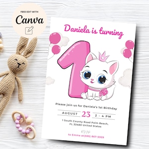 Cat 1st Birthday Invitation Template, Let&#39;s Pawty Girl Birthday Invite, Cat Themed Birthday 1st Birthday, Canva Editable, Digital Download
