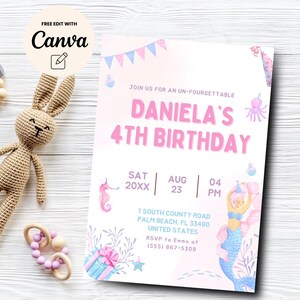Mermaid 4th birthday invitation, 4th birthday fourth birthday un-four-gettable shellebration Mermaid, Canva Template, Digital Download
