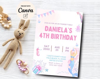 Invitación de cumpleaños número 4 de sirena, cuarto cumpleaños, cuarto cumpleaños, celebración de sirena imposible de conseguir, plantilla Canva, descarga digital