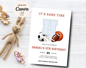 Sports 4th Birthday Invitation Template for Boy , It's Game Time Sports 4th Birthday Printable Invite, Canva Template, Digital Download