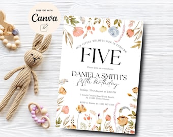 Wildflower 5th Birthday Invite, Floral Girl 5th Birthday Party Invitation, Girl 5th Birthday Invite, Canva Template, Digital Download