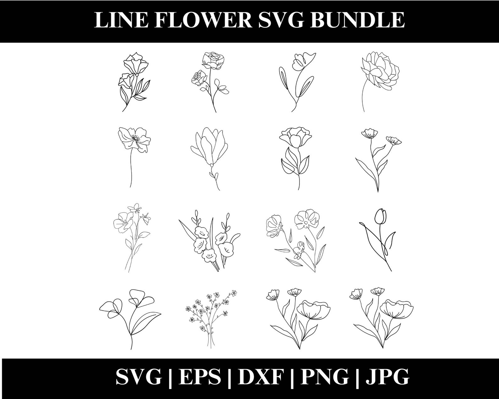 Flower Line SVG Bundle, Botanical Line Art SVG, Clipart, Hand Drawn ...