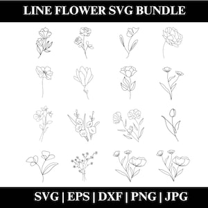 Flower Line SVG-bundel, botanische lijntekeningen SVG, clipart, handgetekende vectorbloemen en planten, commercieel gebruik