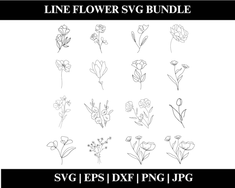 Flower Line SVG Bundle, Botanical Line Art SVG, Clipart, Hand Drawn ...