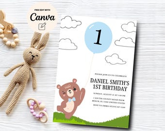 Invitación de cumpleaños con diseño de oso verde, invitación neutra con diseño de osito de peluche, invitación minimalista para el primer cumpleaños bohemio de Beary, Canva editable, descarga digital
