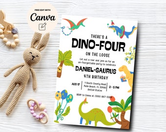 Dino-Four 4th Birthday Dinosaur Invite, Fourth Dinos party invitation, 4th Birthday Invitation, Canva Template, Digital Download
