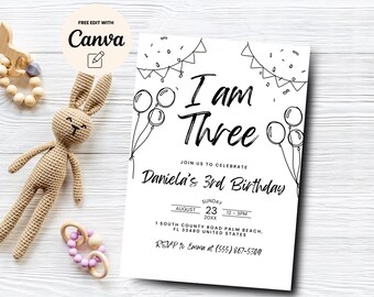 Doodle 3rd birthday invitation, Minimalist 3rd Birthday Doodle Invitation, Simple 3rd bday Invite, Canva Template, Digital Download