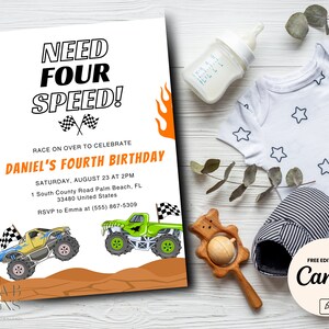 May include: A birthday party invitation with the text "Need Four Speed!" and illustrations of monster trucks. The invitation includes event details. Beside the invitation are baby items: a bottle, a onesie with star patterns, a wooden rattle, and striped baby shoes.