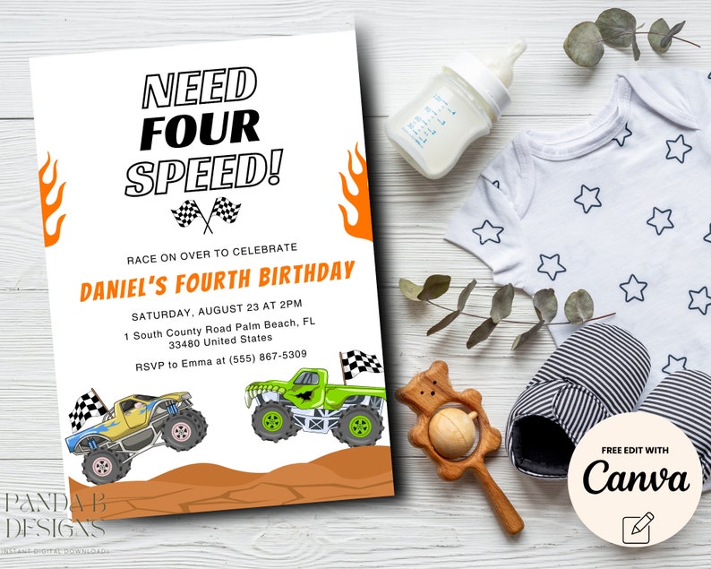 May include: A birthday party invitation with the text "Need Four Speed!" and illustrations of monster trucks. The invitation includes event details. Beside the invitation are baby items: a bottle, a onesie with star patterns, a wooden rattle, and striped baby shoes.