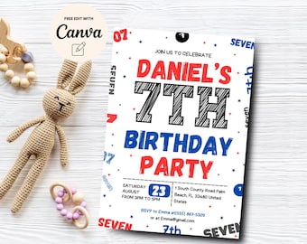 Inbjudan till 7-årsdag, utskrivbar 7-årsdagsinbjudan till pojke med klotter, inbjudan till 7-årsdag med nummer 7, Canva-mall, digital nedladdning