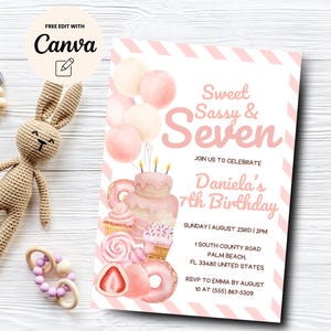 Invitación dulce y atrevida, invitación para el séptimo cumpleaños de Sweet Sassy and Seven, invitación para el séptimo cumpleaños de Girls Dessert, Canva editable, descarga digital