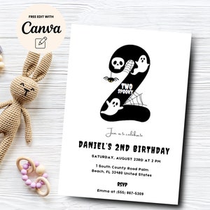 Two Spooky 2nd Birthday Invitation, Printable Minimalist Halloween 2nd Birthday Party, Spooky Season, Canva Template, Digital Download