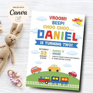 Transportation Birthday Invitation, 2nd Birthday Vehicle Invitation, Train Invitation, Canva Template, Digital Download
