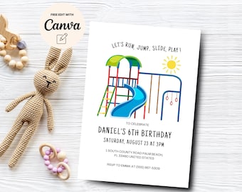 Plantilla de invitación para el sexto cumpleaños en el patio de juegos, invitación editable para fiesta de cumpleaños en el parque, cumpleaños de niños al aire libre, plantilla de Canva, descarga digital