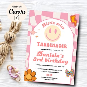 May include: A pink and white checkered background with a white archway. The archway has a yellow smiley face, a pink and yellow butterfly, and a yellow lightning bolt. The text "Little miss THREENAGER" is in pink and white letters. The text "Daniela's 3rd birthday" is in pink and white letters. The text "Please join us to celebrate" is in black letters. The text "Sunday, August 23rd, 20XX, 2:00 PM" is in black letters. The text "1 South County Road Palm Beach, FL 33480 United States" is in black letters. The text "RSVP to Emma by August 10 at (344) 867-4309" is in black letters.