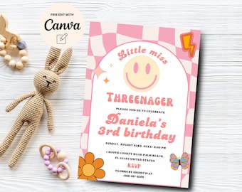 Little Miss Threenager Birthday Party Invitation, Girl 3rd Birthday, Retro Smiley Face Groovy Party, Canva Template, Digital Download