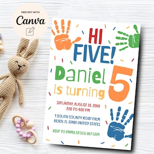 Hi-Five 5th Birthday Invitation, Modern Party Invite, High Five Birthday, Colorful Birthday Invite, Canva Template, Digital Download