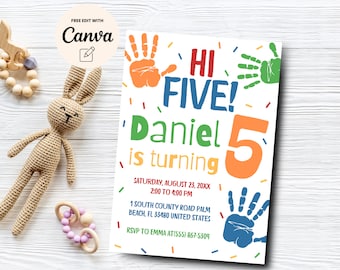 Hi-Five 5th Birthday Invitation, Modern Party Invite, High Five Birthday, Colorful Birthday Invite, Canva Template, Digital Download