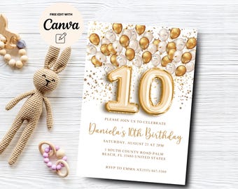 Gold 10th Birthday Invitation , Editable Gold Glittery Balloons, 10th Invite Number 10 Birthday Party, Canva Template, Digital Download