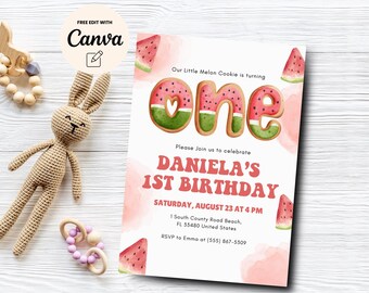 Watermelon 1st Birthday Invitation, Melon Cookies Birthday Invitation Watermelon 1st Birthday Invite Canva Template, Digital Download
