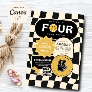 Four Ever Young Birthday Invitation Template, Checkered Smiley Invitation, Retro 4th Birthday Invite, Canva Template, Digital Download