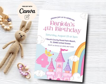Inbjudan till prinsessans 4-årsdag, Four Ever Magical-festinbjudan, Rainbow Kingdom 4-årsdagsmall, Canva-mall, digital nedladdning