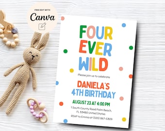 Four Ever Wild 4th Birthday Invitation, Colorful 4th Birthday, Confetti Birthday Invite, 4th Birthday, Canva Template, Digital Download