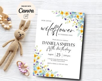 Wildflower 5th Birthday Invite, Floral Girl 5th Birthday Party Invitation, Girl 5th Birthday Invite, Canva Template, Digital Download