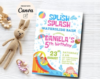 Pool 5th Birthday Invitation, Splish Splash Invite, Colorful Birthday Invite, Kids Birthday Invitation, Canva Template, Digital Download