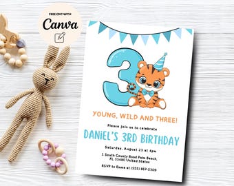 Young Wild and Three 3rd Birthday Party Invitation, Jungle Safari Animals Birthday Party Invite Template, Canva Template, Digital Download