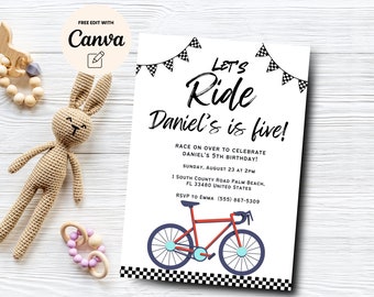 Bicycle Birthday Invitation Template, Editable Bike Let's Ride Birthday Invite, Race on Over Bike Invite, Canva Template, Digital Download