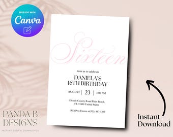 Invitación editable para el cumpleaños número 16, invitación minimalista para el cumpleaños número 16 en rosa, plantilla Canva para invitación para dulces dieciséis, descarga digital
