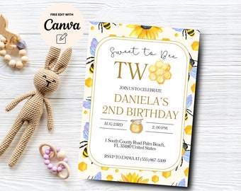 Invitación de segundo cumpleaños, fiesta de abejorros para niñas, invitación de segundo cumpleaños para abejorros, plantilla Canva, descarga digital