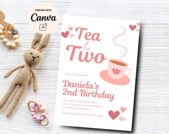 二人でお茶を飲みながらの誕生日の招待状、2歳の誕生日パーティーのピンクのハートの気まぐれなお茶会の即時ダウンロード、Canvaで編集可能、デジタルダウンロード
