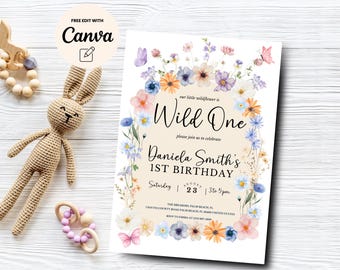 Wildflower 1st Birthday Invitation, Our Little wildflower 1st Birthday, Birthday Invite, 1st Birthday, Canva Template, Digital Download
