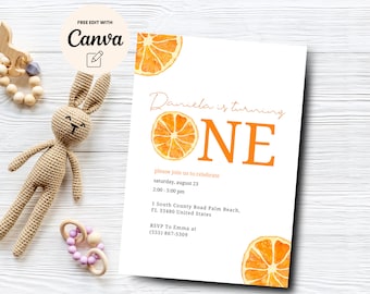 Watercolor Citrus First Birthday Invitations, Oranges 1st Birthday Invites, Printable Instant Download, Canva Editable, Digital Download