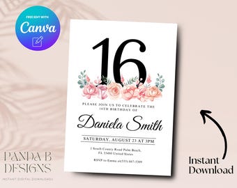 Invitación floral para cumpleaños número 16, invitación minimalista y elegante para cumpleaños número 16, invitación floral para cumpleaños de adolescentes, plantilla Canva, descarga digital