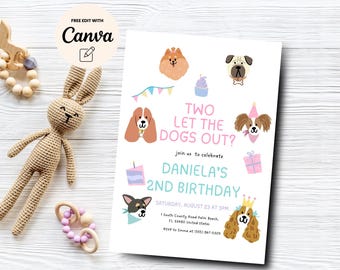 Dog 2nd Birthday Invitation, Two Let the Dogs Out Invite, Second Birthday Invite, Canva Template, Digital Download