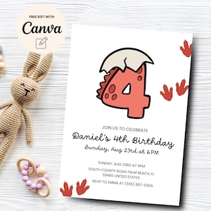 Dinosaur 4th Birthday Invitation, Dino-Four Invite, Dino Boy Fourth Birthday Party Dino Four Invitation, Canva Template, Digital Download