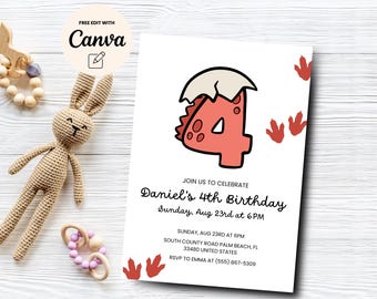 Dinosaur 4th Birthday Invitation, Dino-Four Invite, Dino Boy Fourth Birthday Party Dino Four Invitation, Canva Template, Digital Download