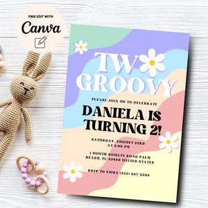Twee groovy uitnodigingssjabloon, hippie 2e verjaardagsfeestje, groovy bloem, canva bewerkbaar, digitale download