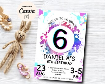 Invito per il 6° compleanno con vernice, invito per festa di compleanno con acquerello, invito per il 6° compleanno, invito per compleanno bambini, modello Canva, download digitale