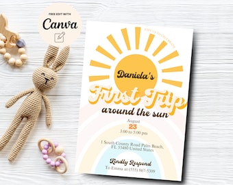 First Trip Around The Sun, First Birthday Invitation Template, 1st Birthday Invite, , Canva Editable, Digital Download