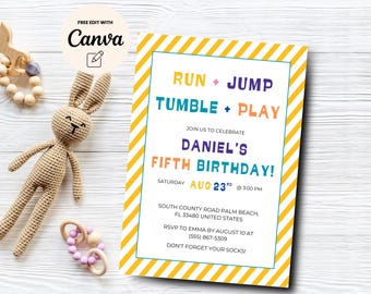 May include: A yellow and white striped birthday invitation with the text "RUN + JUMP TUMBLE + PLAY JOIN US TO CELEBRATE DANIEL'S FIFTH BIRTHDAY! SATURDAY AUG 23rd @ 3:00 PM SOUTH COUNTY ROAD PALM BEACH, FL 33480 UNITED STATES RSVP TO EMMA BY AUGUST 10 AT (555) 867-5309 DON'T FORGET YOUR SOCKS!"